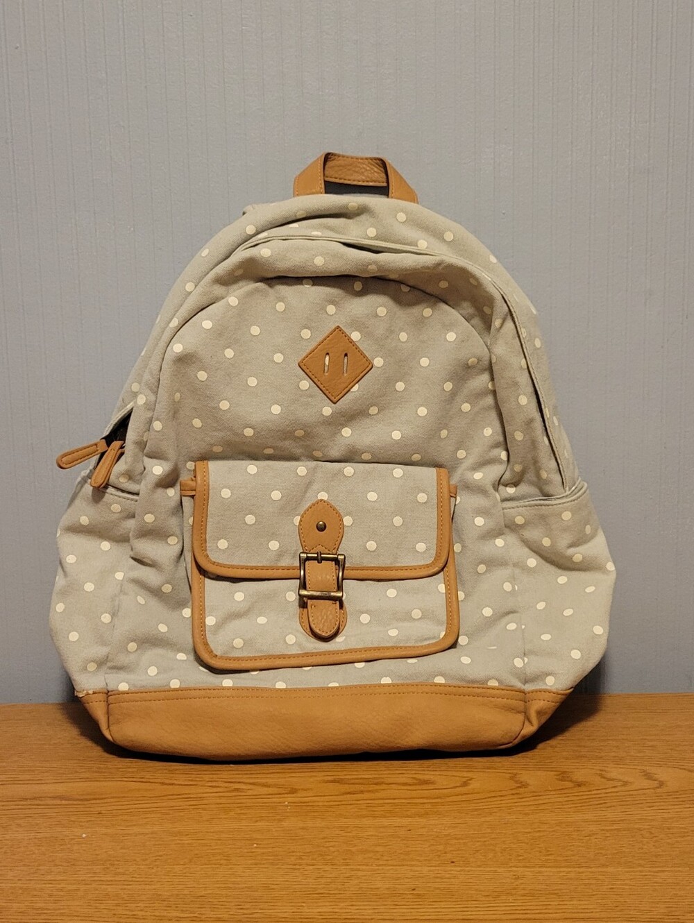 Canvas Polka Dot Backpack in Cream with Tan Trim